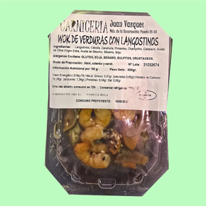 Wok de verduras con langostinos