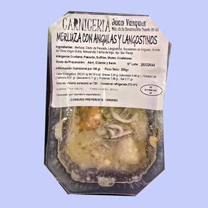 Merluza con angulas y langostinos